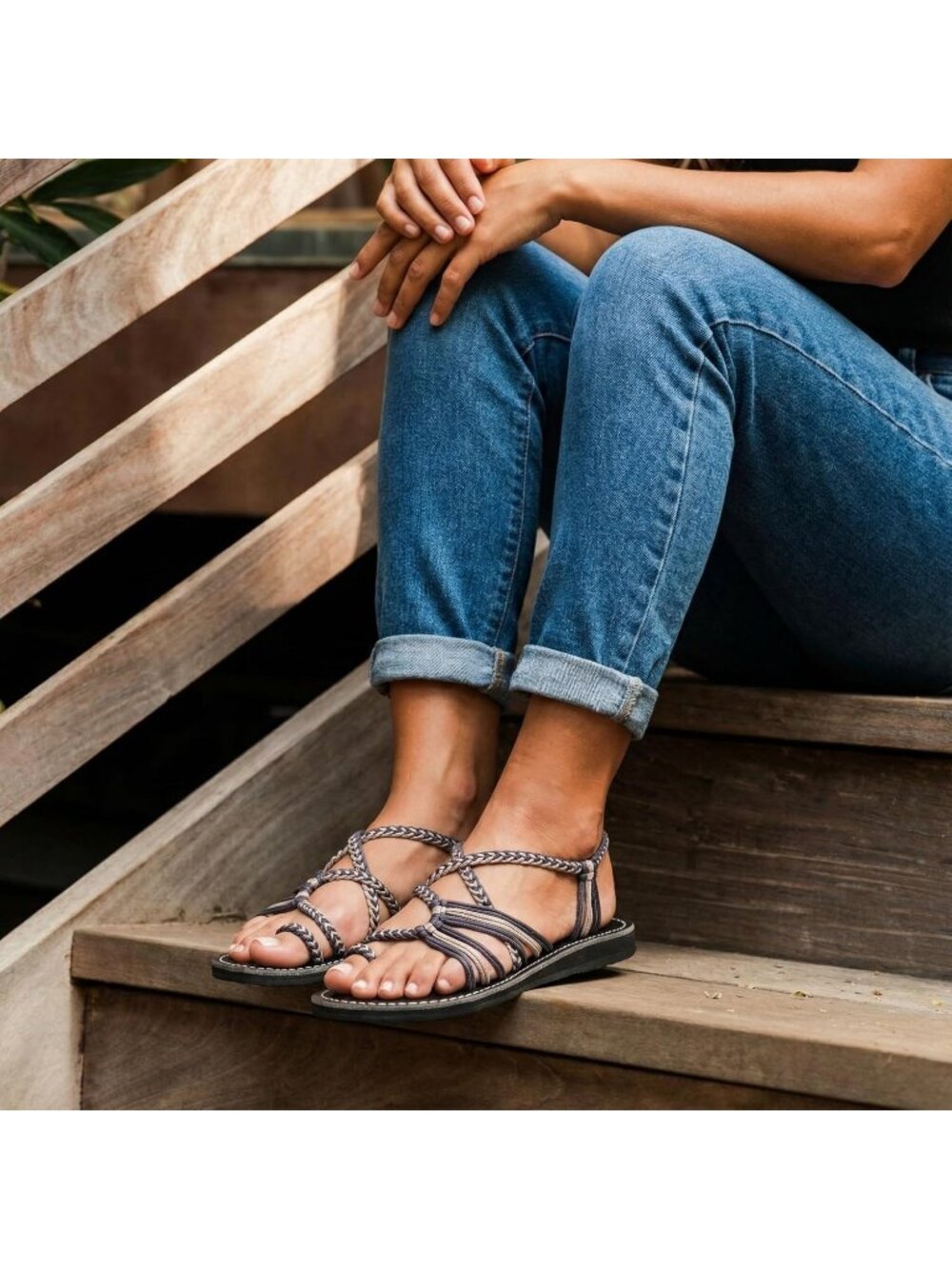 Women's Grey Blue Nylon Slip On Water Resistant Flat Sandals Palm Leaf Casual - Picture 6 of 6